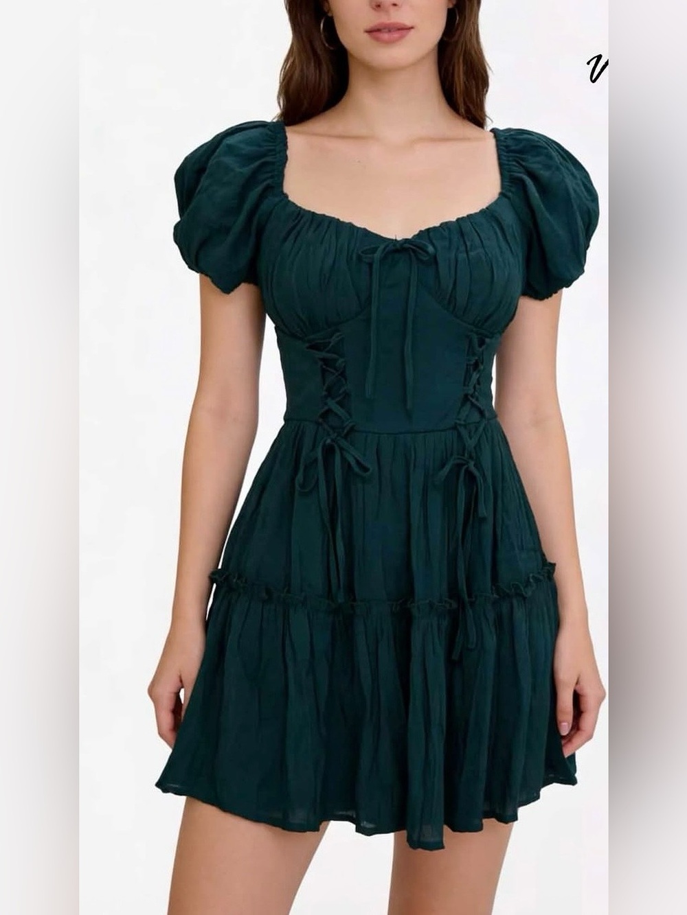 Trixxi Dark Green Puff Sleeve Tie-Front Mini Dress